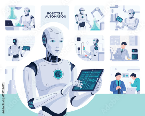 Flat Design Robot and Automation Technology Illustration Set  
