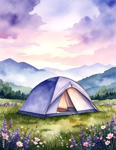 Wallpaper Mural A vibrant, colorful tent stands prominently in the center of a lush green field, surrounded by wildflowers and gently swaying grass under a clear blue sky. Torontodigital.ca