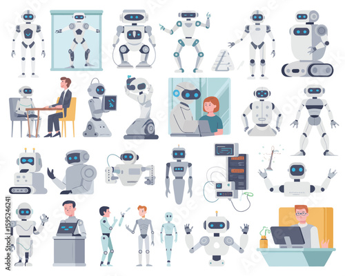 Minimalist Robots Working with Humans and Computers Vector Art  
