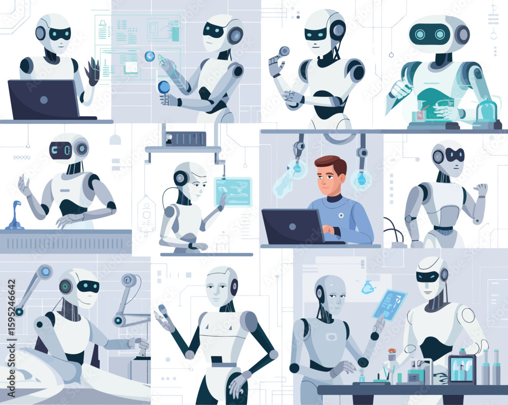 Fototapeta premium Clean Grid Layout of Robots in Medical and Scientific Tasks 