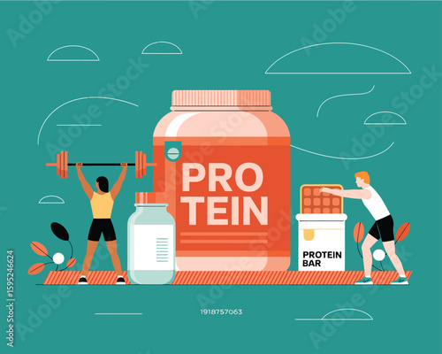 Clean Vector Design of Fitness Nutrition and Exercise Equipment Scene
