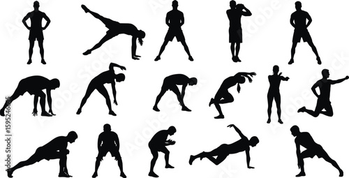 Silhouetted athletes in various exercise poses, stretching, strength training, active fitness movements, wellness routine, workout illustration, health concept
