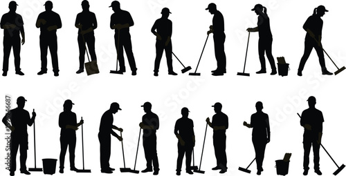 Silhouetted cleaning workers in action, using mop, broom, bucket, spray tools, hygiene maintenance, sanitation services, teamwork, vector illustration