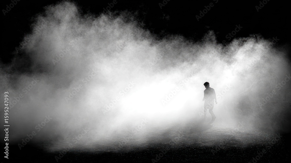Fototapeta premium Silhouette of a figure walking through thick fog
