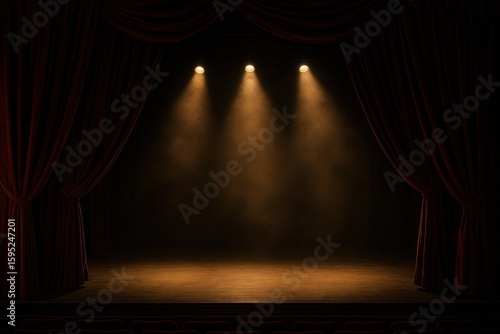 Luxurious red velvet theater curtains opening to reveal spotlit stage
