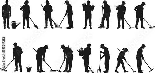 Silhouettes of gardeners using tools, shovel, rake, watering can, plant care activity, garden maintenance, black vector, outdoor nature design