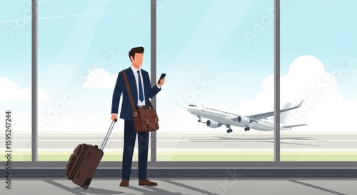 Businessman waiting for airplane departure at airport terminal