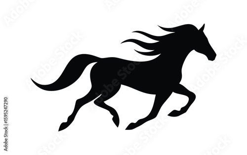 Silhouette of a majestic black horse galloping with flowing mane and tail