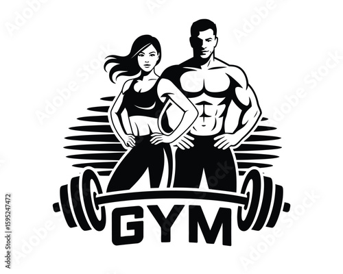 Minimalist Fitness Logo with Male and Female Trainer Silhouettes and Barbell  