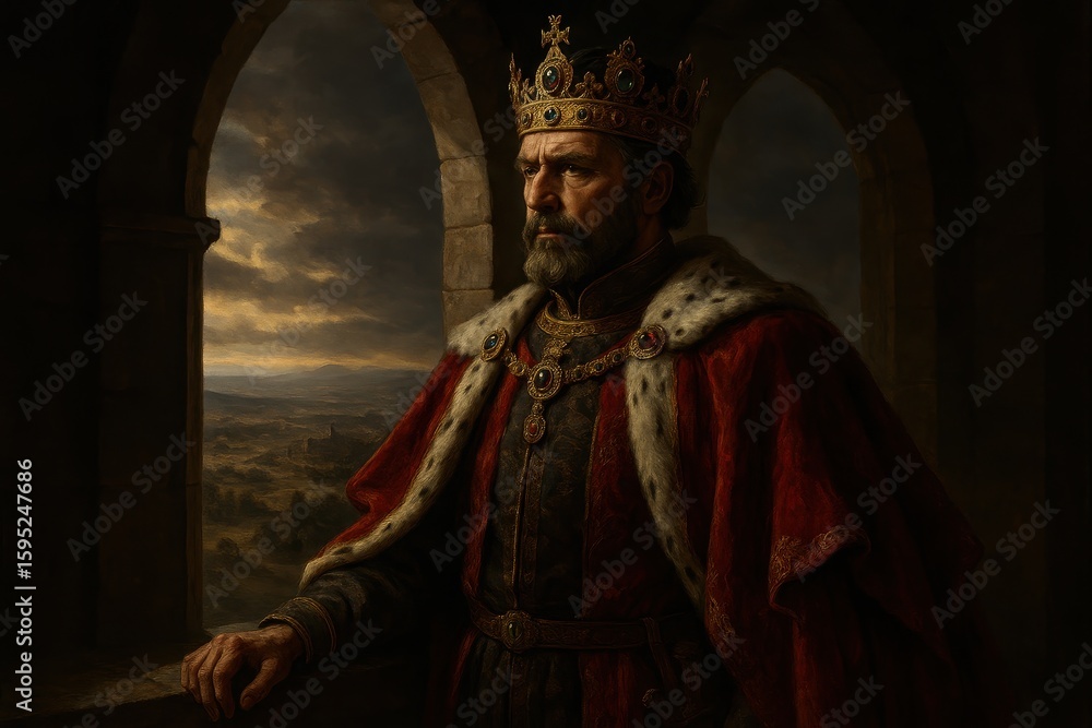 Naklejka premium Majestic medieval king in ornate golden crown gazing pensively from stone castle window