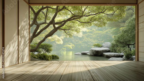 日本の四季折々の自然が感じられる美しい庭園を望むモダンで洗練された和室の風景｜和モダン、自然、癒し、季節、静寂、伝統建築、現代風和室、緑、日本庭園、リラックス空間