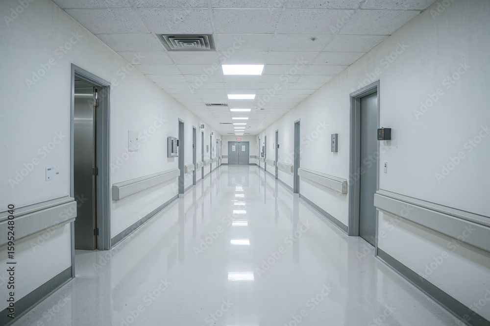 Obraz premium Empty healthcare corridor with bright artificial lighting and white decor, hospital interior photo for medical publications and industry brochures