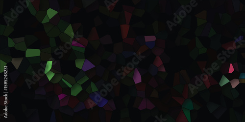 A dark and moody mosaic pattern displaying a complex arrangement of multicolored irregular geometrical shapes over a black base illustrating a visually textured design