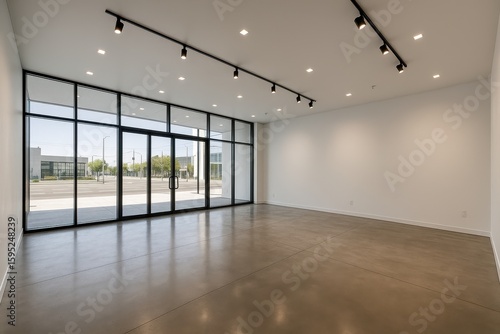 Modern empty retail storefront with floor-to-ceiling windows and sleek interior design
