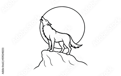 Stylized line art of a wolf howling at a large full moon on a rocky outcrop