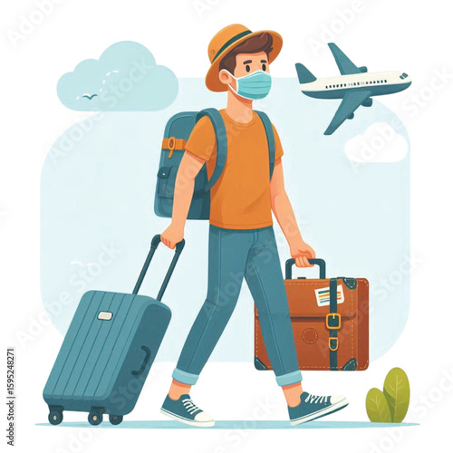Young Man Traveling With Luggage transparent