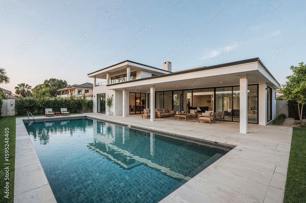 Fototapeta premium Modern villa architecture with blue pool, poolside furniture, and spacious layout under clear skies, marketing visual for upscale living