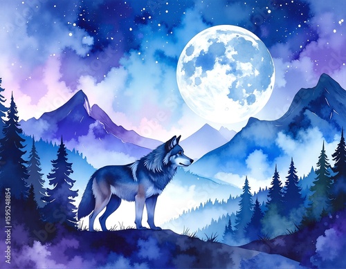 Wallpaper Mural A majestic wolf stands proudly atop a grassy hill, its fur glistening in the sunlight, with a breathtaking landscape of mountains and trees in the background. Torontodigital.ca
