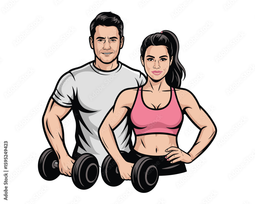 Fototapeta premium Vector Fitness Logo with Strong Male and Female Figures Holding Weights