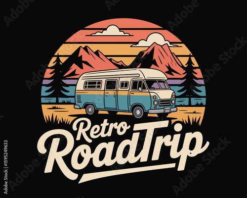 Retro Roadtrip Vintage Camper Van Cruising American Landscapes  
Classic Camper Van Illustration for Adventure Road Trips USA 