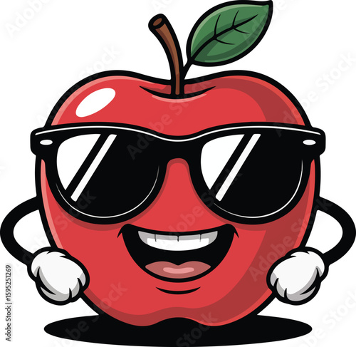A cool animated red apple character is wearing sunglasses, a big smile, ready for fun! transparent vector png