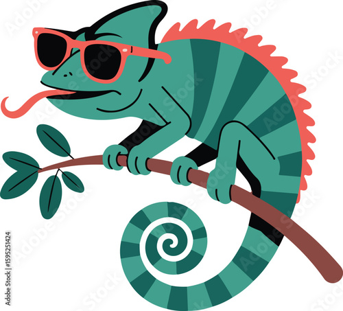 A cartoon chameleon wearing sunglasses, sitting on a branch with its tongue out transparent vector png
