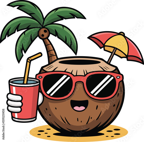 A cheerful cartoon coconut enjoys a refreshing drink on a sunny beach. It wears sunglasses, a mini umbrella, and features a palm tree transparent vector png