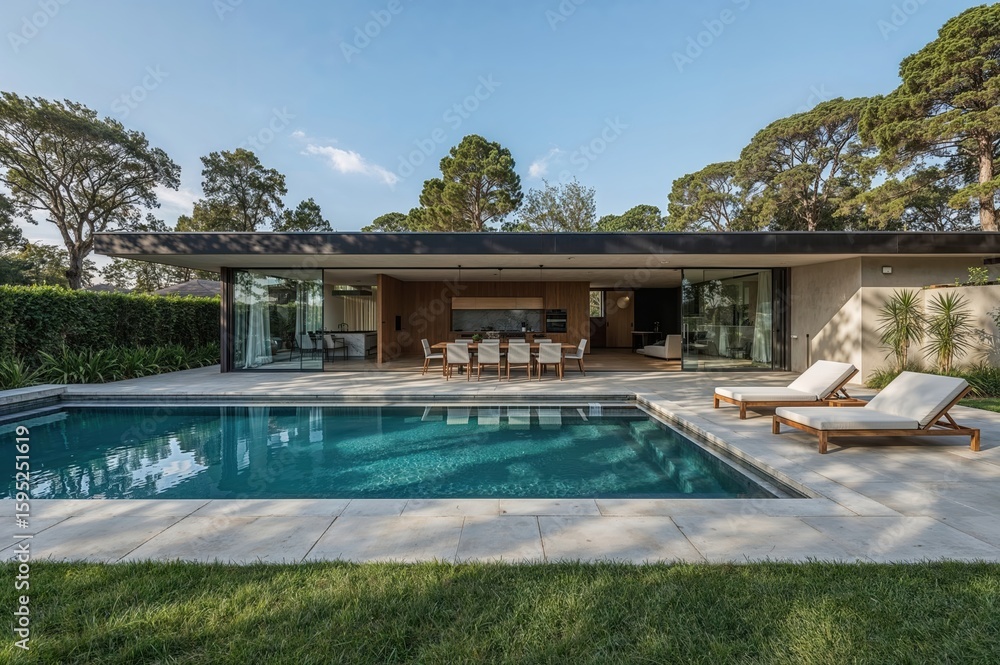 Fototapeta premium Contemporary architecture featuring modern white house with pool and patio area, ideal for property listings and upscale living visuals