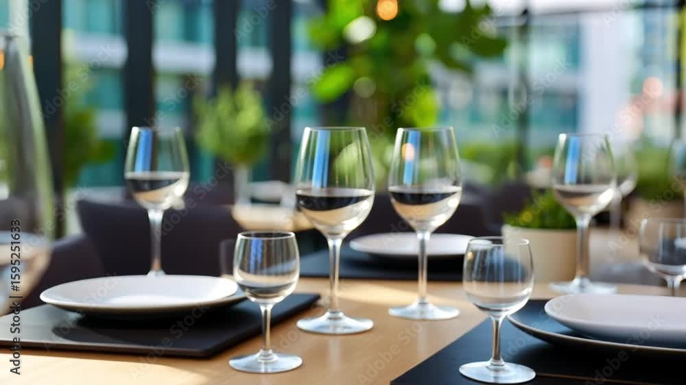 Elegant Glassware: A sophisticated array of wine glasses and plates artfully arranged on a contemporary table setting, poised for an upscale dining experience. Elegant Glassware: A sophisticated array of wine glasses and plates artfully arranged on a contemporary table setting, poised for an upscale dining experience.