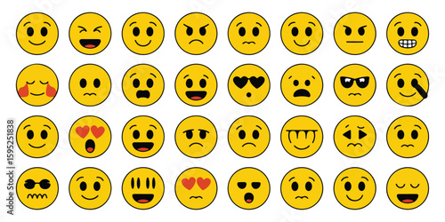 Collection of Thirty Six Yellow Emojis Displaying Diverse Facial Expressions Including Happy Sad Angry Surprised and Loving Emotions