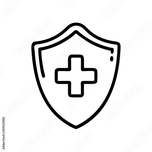 Shield icon with a plus sign in the center representing security and protection in a simple outline