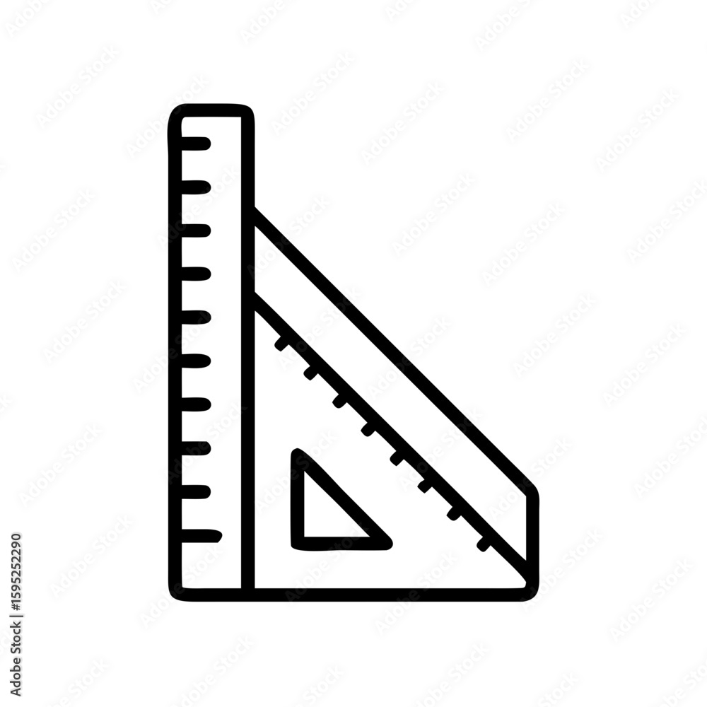 Illustration of a set square and ruler with markings in black outline on a white background design Illustration of a set square and ruler with markings in black outline on a white background design