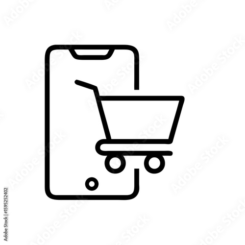 A simple line drawing of a shopping cart icon displayed on a smartphone screen in black and white style
