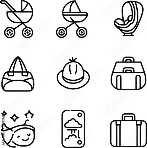 Collection of simple, black line icons representing baby strollers, car seats, diaper bags, hats, suitcases, and travel-related items.