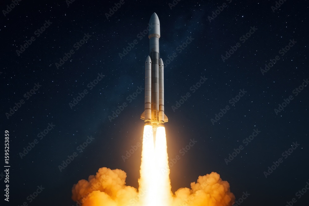 Obraz premium Space exploration rocket with flame trail launching into cosmos representing innovation and technological advancement in aerospace industry