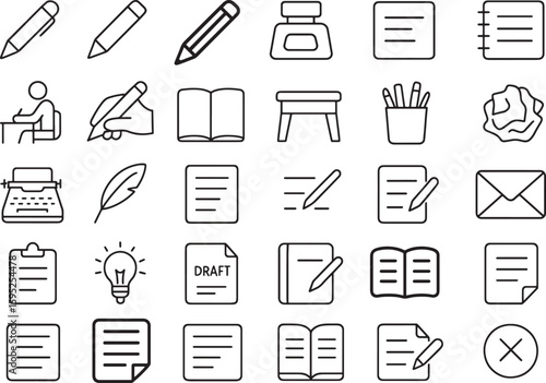 A Set of Thin Line Icons for Writing, Editing, and Office Supplies