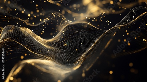 Elegant black background with flowing golden abstract lines and luminous dots creating a dynamic texture