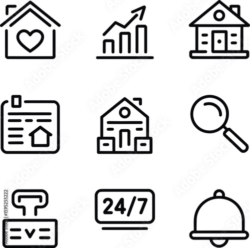 Set of nine simple, black line icons depicting key elements of real estate investment.