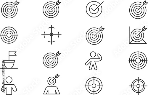  Comprehensive Target and Goal Outline Icon Set Featuring Bullseyes with Arrows, Crosshairs, People, and Checkmarks for Achievement and Aim