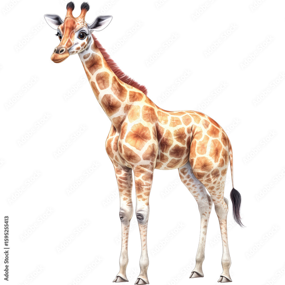 Obraz premium Realistic baby giraffe standing with long neck and distinctive spotted coat isolated on white background