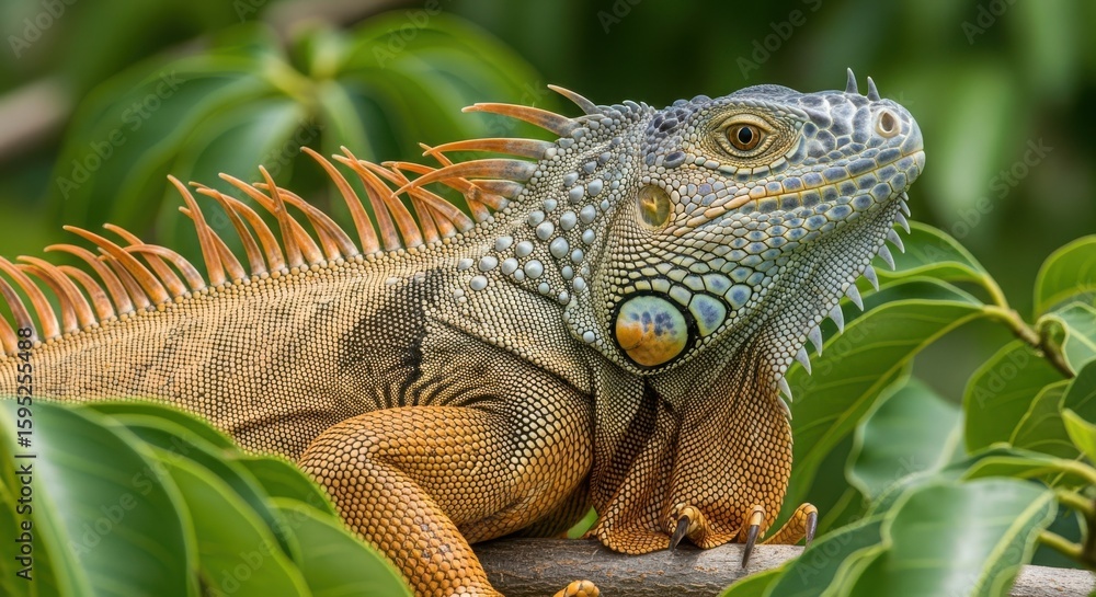 Naklejka premium Close Up of a Green Iguana Reptile Perched on a Branch Surrounded by Lush Green Leaves