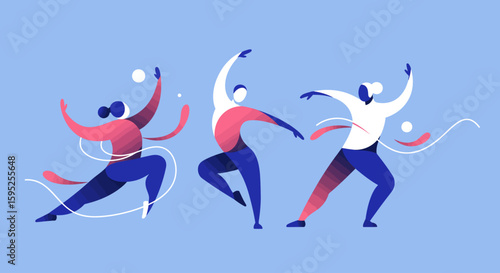A dynamic flat design illustration capturing the fluidity and energy of dance performances at the Festival abstract human figures.