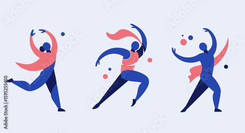 A dynamic flat design illustration capturing the fluidity and energy of dance performances at the Festival abstract human figures.