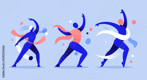 A dynamic flat design illustration capturing the fluidity and energy of dance performances at the Festival abstract human figures.