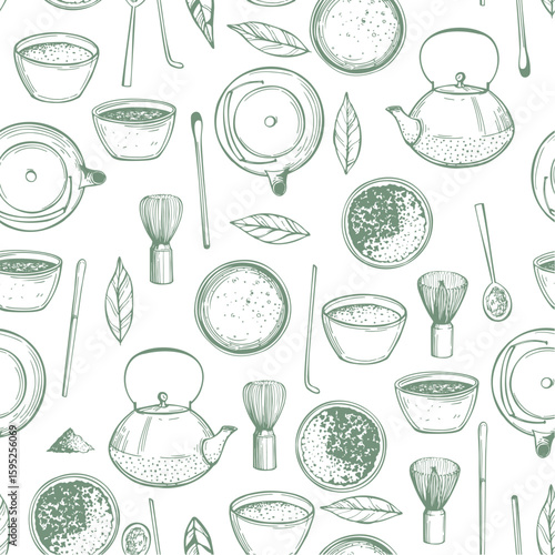 Hand-drawn matcha tea set. Vector seamless pattern.  Sketch illustration