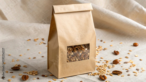 A kraft paper bag holds organic granola with a transparent window showcasing the contents. Surrounding the package are scattered granola bits and seeds on a textured fabric backdrop