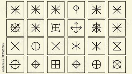Collection of ancient symbols and runes arranged in a grid pattern