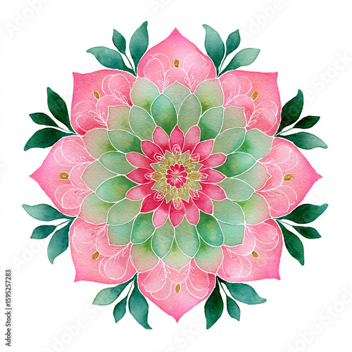 A single watercolor calm Mandala style floral design in light pink and green