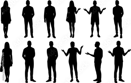 Vector silhouettes men and women, illustration. Silhouettes of young people posing in casual clothes. EPS version.