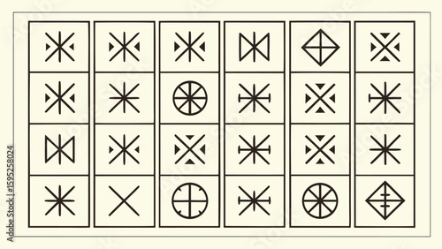 Collection of ancient  symbols and runes in a grid pattern